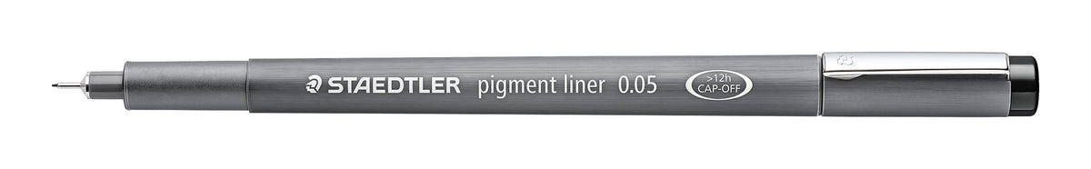 Staedtler pigment liner 308 005-9 with the cap off, grey barrel marked 0.05 and a fine metal tip