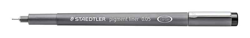 Staedtler pigment liner 308 005-9 with the cap off, grey barrel marked 0.05 and a fine metal tip