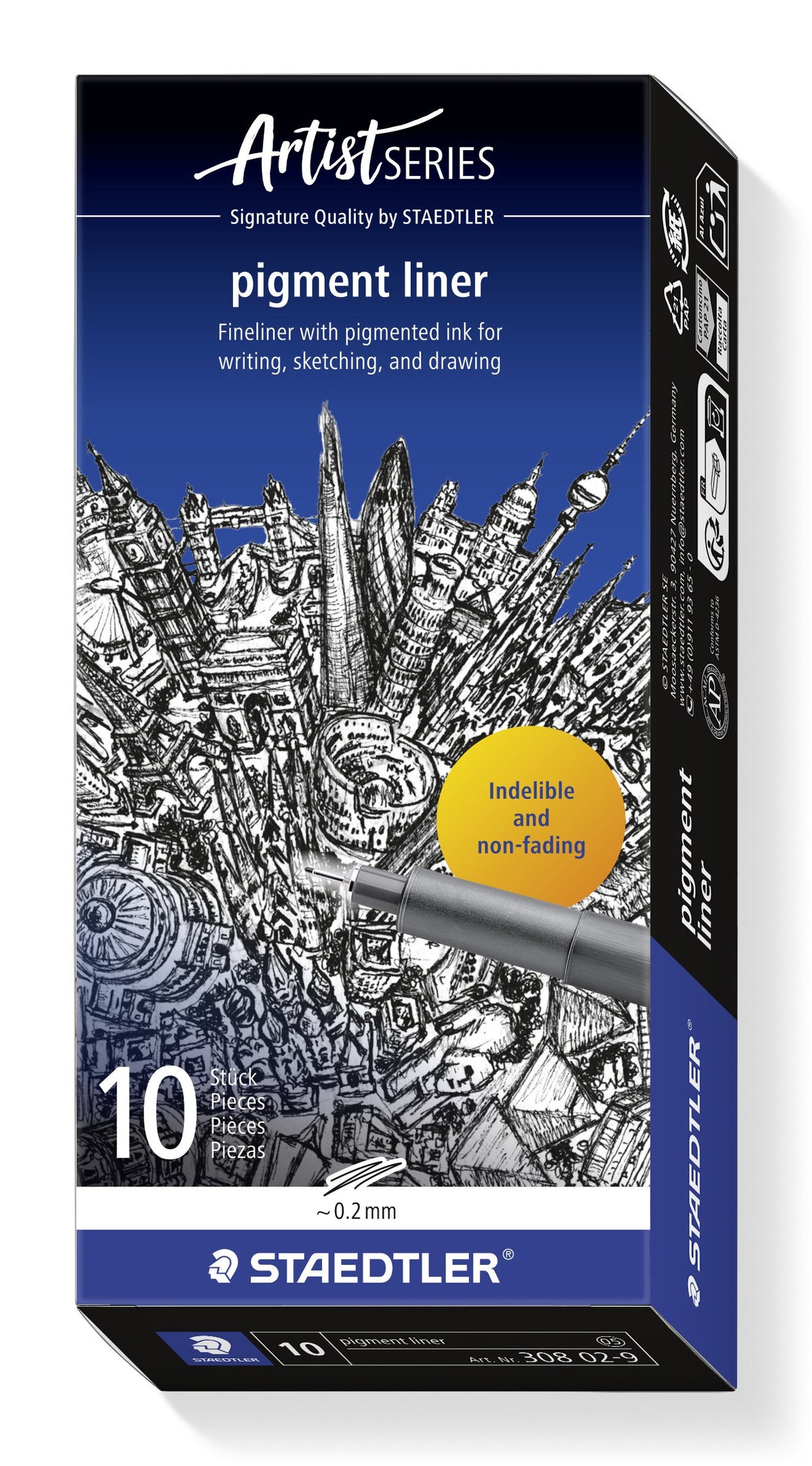 Staedtler Artist Series pigment liner box of 10, printed approx 0.2 mm and art no 308 02-9, ink city sketch on the front