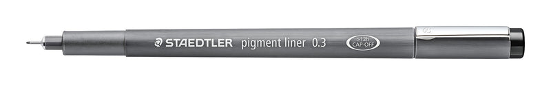 Uncapped Staedtler pigment liner 308 03-9 showing the grey barrel printed 0.3 and the metal tip