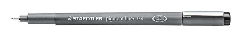 Staedtler pigment liner 0.4 lying flat with the cap off, showing the long metal tip and grey barrel