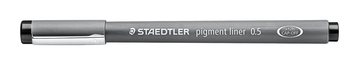 Staedtler pigment liner 0.5 with cap on, side view on white