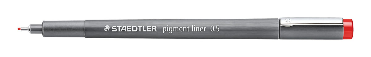 Staedtler pigment liner 0.5 with its red cap removed, grey barrel and long metal tip shown side on