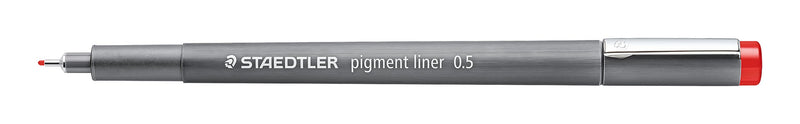 Staedtler pigment liner 0.5 with its red cap removed, grey barrel and long metal tip shown side on
