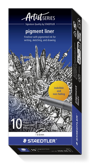 Staedtler Artist Series pigment liner box printed 10 pieces with the approx. 0.6 mm line sample and art. no. 308 06-9