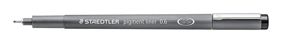 Black Staedtler pigment liner 0.6 uncapped with the cap posted, grey barrel and long metal tip