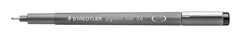 Black Staedtler pigment liner 0.6 uncapped with the cap posted, grey barrel and long metal tip