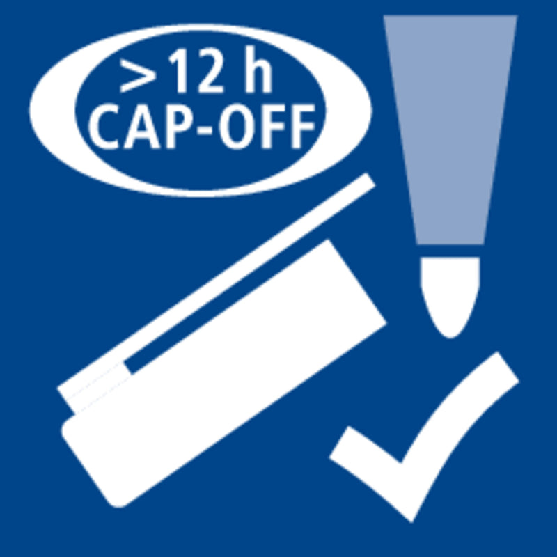 Staedtler blue pictogram reading >12 h CAP-OFF, a pen with its cap removed and a tick, for the black pigment liner ink