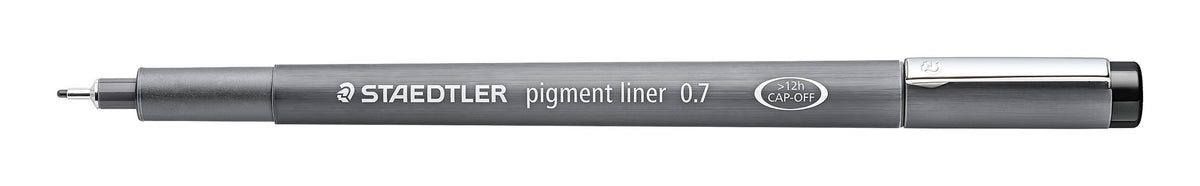 Uncapped Staedtler pigment liner 0.7 in black with the cap posted on the end and the metal tip visible
