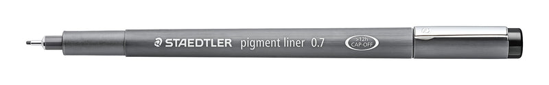 Uncapped Staedtler pigment liner 0.7 in black with the cap posted on the end and the metal tip visible