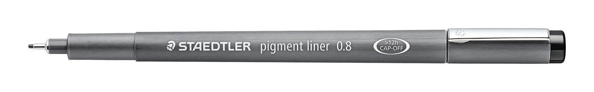 Black Staedtler pigment liner marked 0.8 with the cap posted and the long metal tip exposed