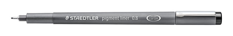 Black Staedtler pigment liner marked 0.8 with the cap posted and the long metal tip exposed