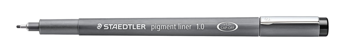 Staedtler pigment liner printed 1.0 lying flat with cap posted and the black metal-sleeved tip exposed