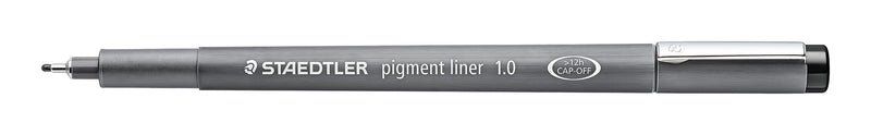 Staedtler pigment liner printed 1.0 lying flat with cap posted and the black metal-sleeved tip exposed