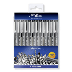 Staedtler Artist Series pigment liner hangsell pack holding 12 black pens in a row, with a city sketch and line width strip on the front