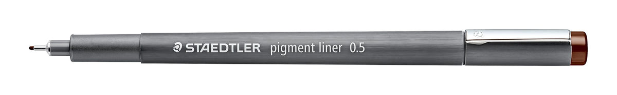 Brown Staedtler pigment liner 308 05-76 with the cap fitted on the back end, grey barrel marked pigment liner 0.5 and a brown end
