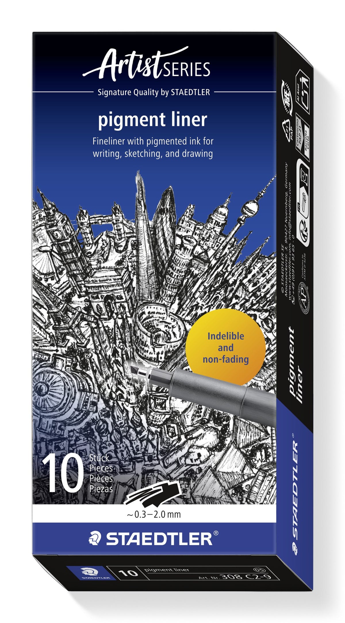 Staedtler Artist Series pigment liner box printed 10 pieces with the approx. 0.3 to 2.0 mm chisel line sample, art. no. 308 C2-9