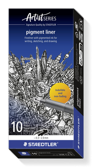 Staedtler Artist Series pigment liner box printed 10 pieces with the approx. 0.3 to 2.0 mm chisel line sample, art. no. 308 C2-9