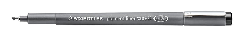 Black Staedtler pigment liner chisel tip with cap posted, grey barrel printed with the 0.3 to 2.0 width