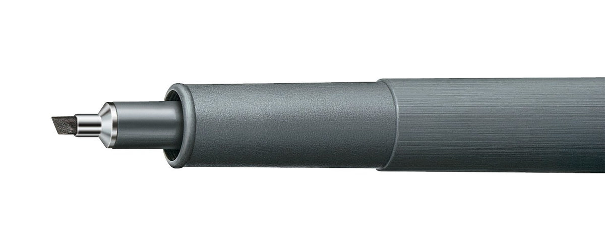 Close-up of the angled chisel point of the Staedtler pigment liner in its metal sleeve
