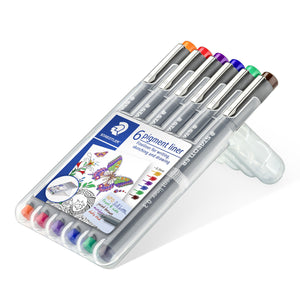 Staedtler 30803-SSB6 clear box opened out on its stand, six 0.3 mm pigment liners in orange, red, violet, blue, green and brown