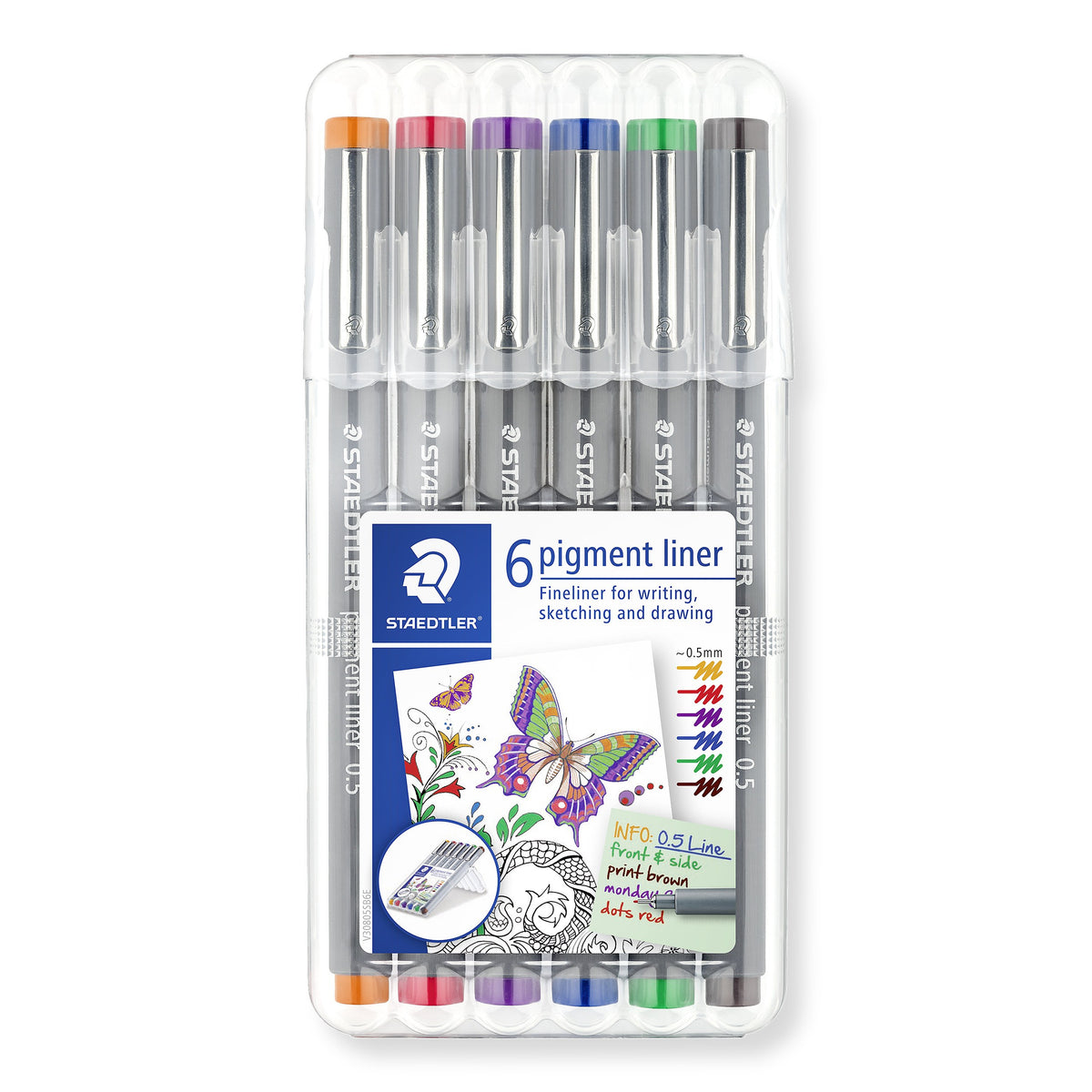 Front of the closed Staedtler 6 pigment liner box showing the six colour pens, a butterfly drawing and colour swatches labelled approx. 0.5 mm
