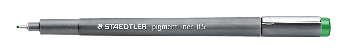 Green Staedtler pigment liner 308 05-5, uncapped with the cap posted on the end, grey barrel marked pigment liner 0.5 and a green end