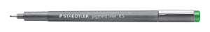 Green Staedtler pigment liner 308 05-5, uncapped with the cap posted on the end, grey barrel marked pigment liner 0.5 and a green end