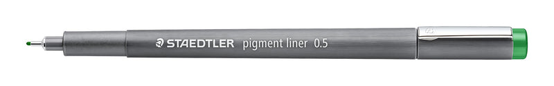 Green Staedtler pigment liner 308 05-5, uncapped with the cap posted on the end, grey barrel marked pigment liner 0.5 and a green end