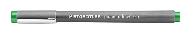 The green Staedtler pigment liner 0.5 with its cap on, showing the silver clip and the green band at the end of the barrel