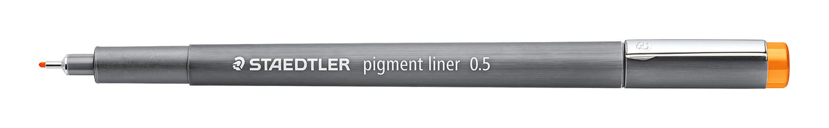 Staedtler pigment liner 308 05-4 with the cap pushed on the end, grey barrel printed pigment liner 0.5 with an orange end cap and fine metal tip