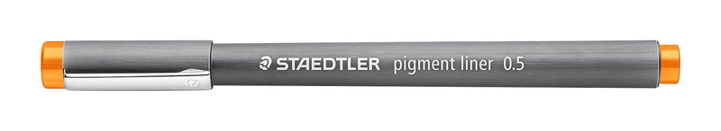 Staedtler pigment liner 0.5 in orange shown capped, grey barrel with a silver clip and an orange end band
