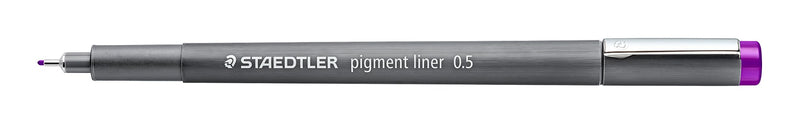 Staedtler pigment liner 308 05-6 in violet, uncapped with the cap on the end, grey barrel reading pigment liner 0.5 and a violet end