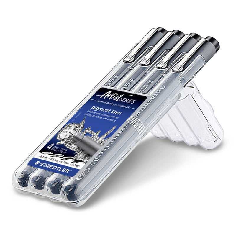 Staedtler 308 WP4 Artist Series box standing open on its built-in stand, showing four black pigment liners