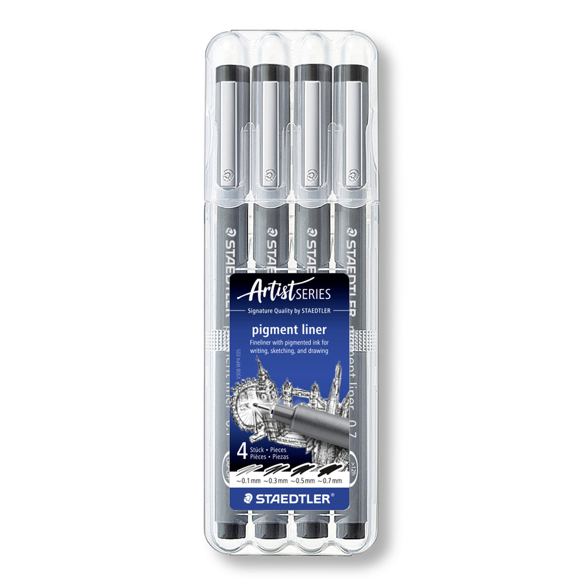 Front of the closed Staedtler Artist Series pigment liner box of 4, with the four line widths printed along the base