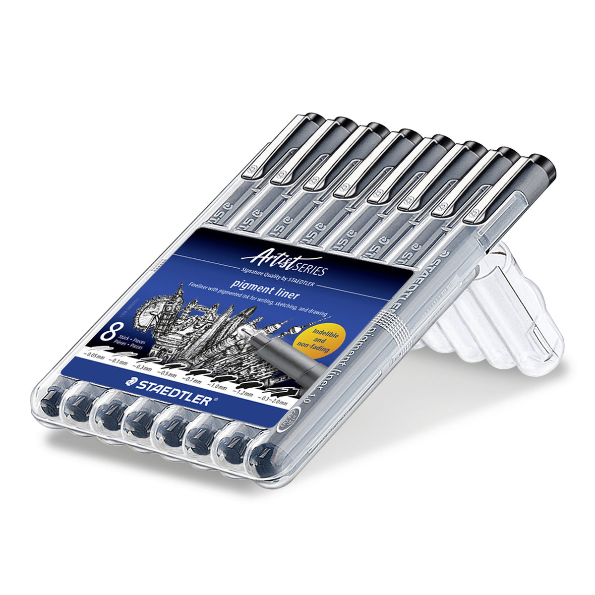 Staedtler 308 SB8 Artist Series box standing open on its stand, holding eight black pigment liners