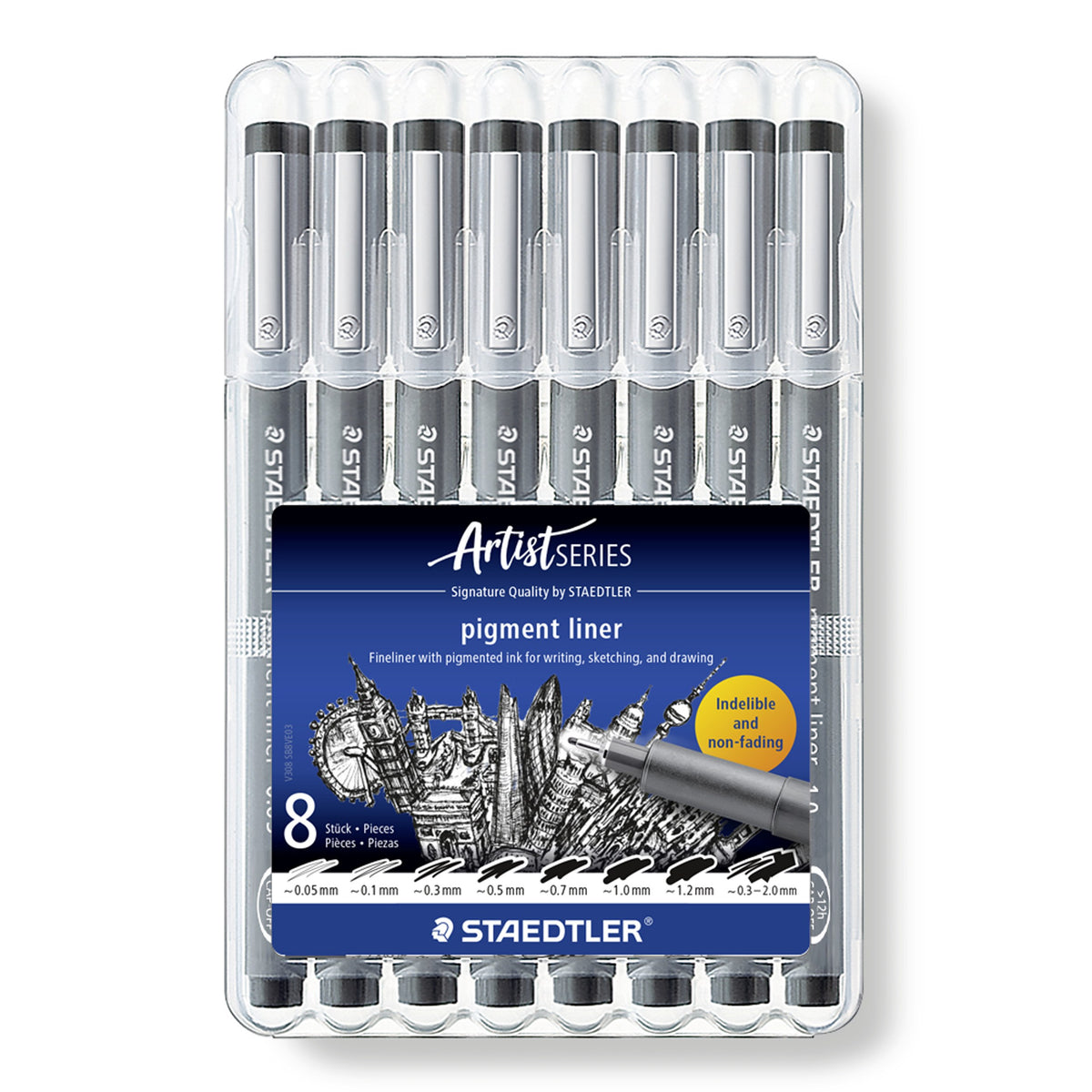 Closed Staedtler Artist Series box of 8 pigment liners with the eight line widths listed along the bottom of the front