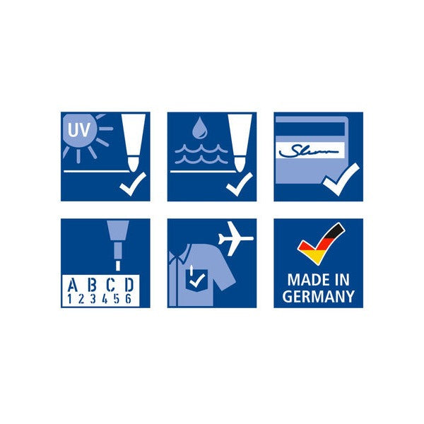 Six Staedtler pictograms for lightfast, waterproof, document, indelible, airplane and Made in Germany