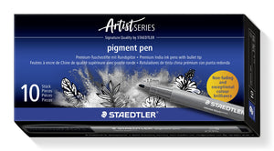 Staedtler Artist Series box of pigment pen 376 intense black with a ~1.0 mm bullet tip pen across the front, printed 10 Stück Pieces, end panel Art. Nr. 376-99