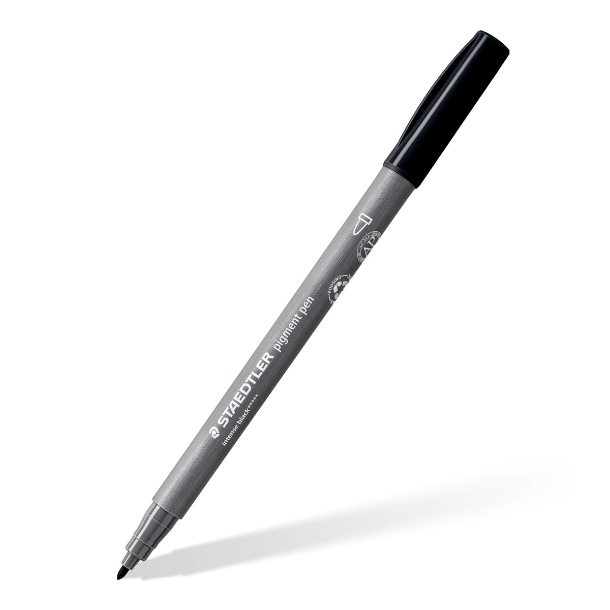 Staedtler 376 pigment pen in intense black shown at an angle, grey barrel with white print, black cap and a fine bullet tip