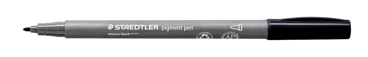 Uncapped Staedtler 376-99 pigment pen side on with the black cap posted on the end, barrel printed intense black