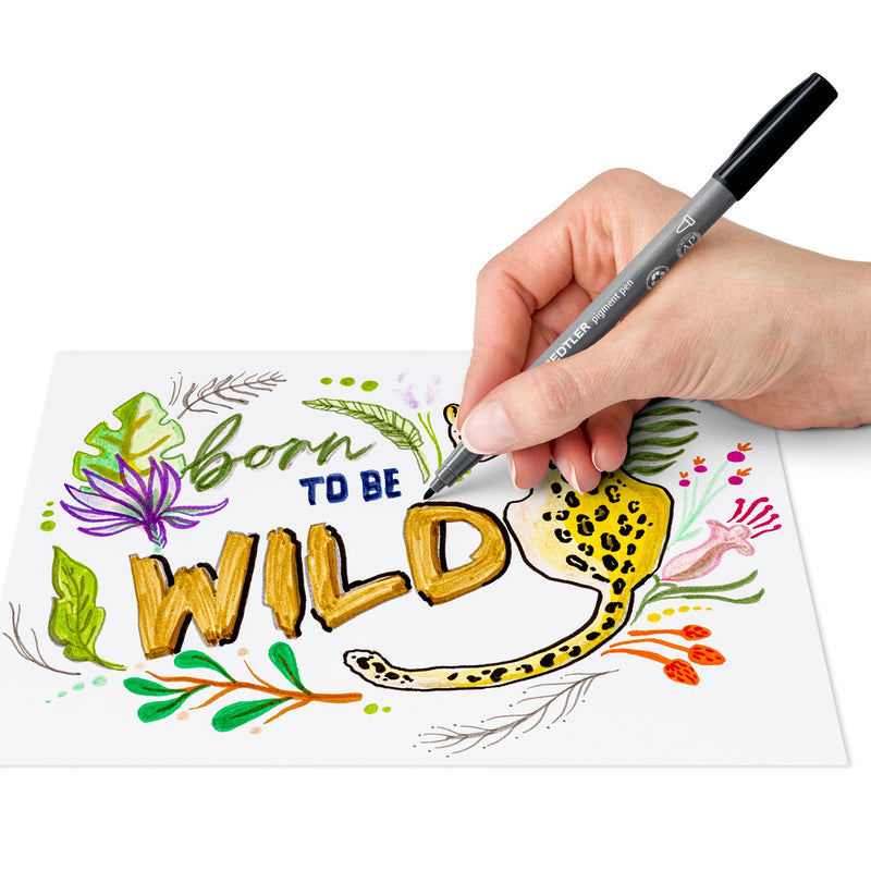 Hand outlining colourful born to be wild lettering and a leopard with a black Staedtler 376 pigment pen