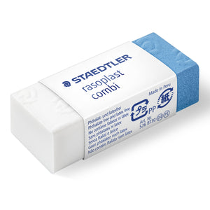 Staedtler rasoplast combi 526 BT30 eraser, a white block with a blue end section in a white sleeve printed STAEDTLER rasoplast combi