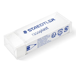 Staedtler rasoplast 526 B20 large eraser at an angle, a white block in a white sleeve printed STAEDTLER rasoplast, sealed in clear film