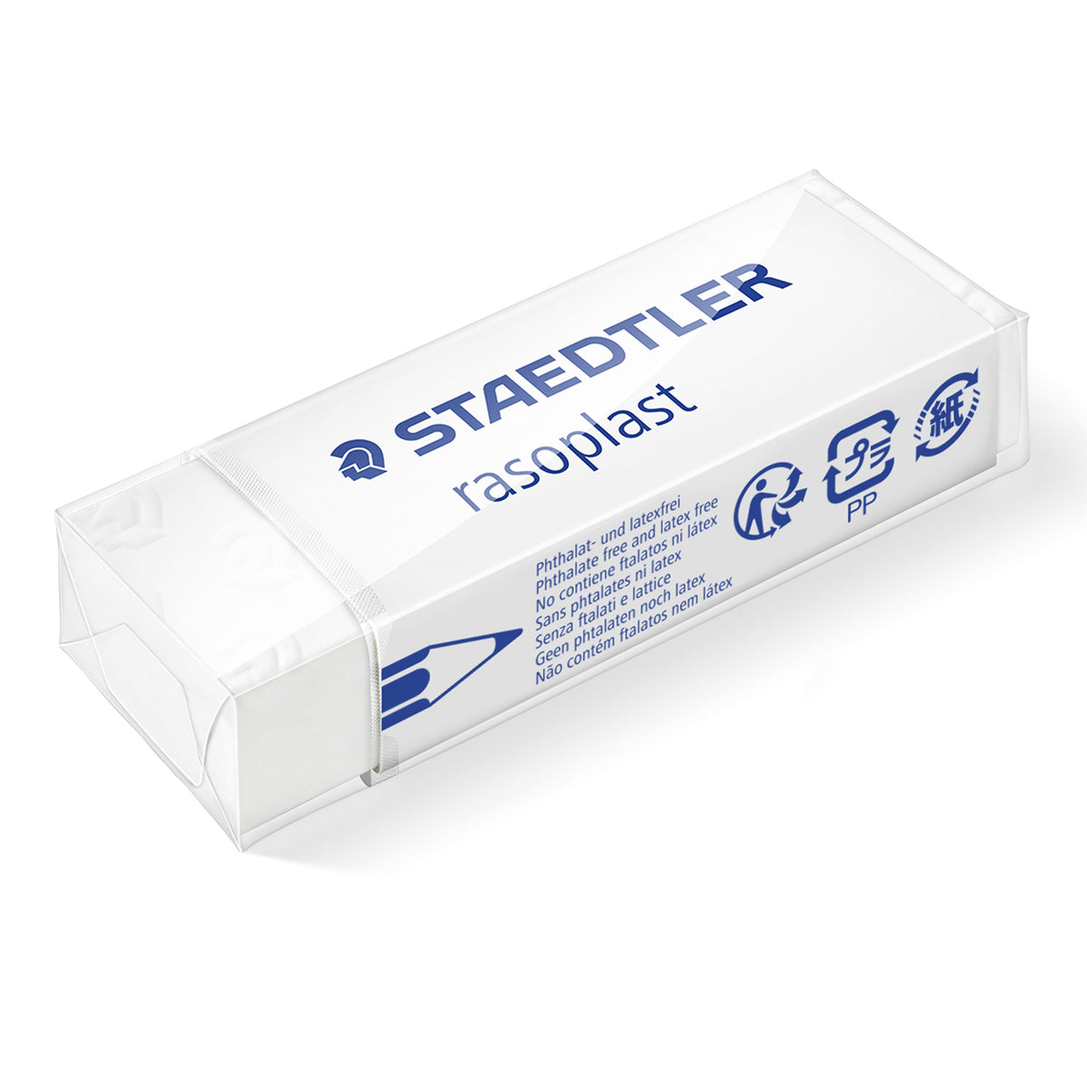 One large Staedtler rasoplast 526 B20 eraser shown angled in its printed sleeve and clear film, as carried two to a card