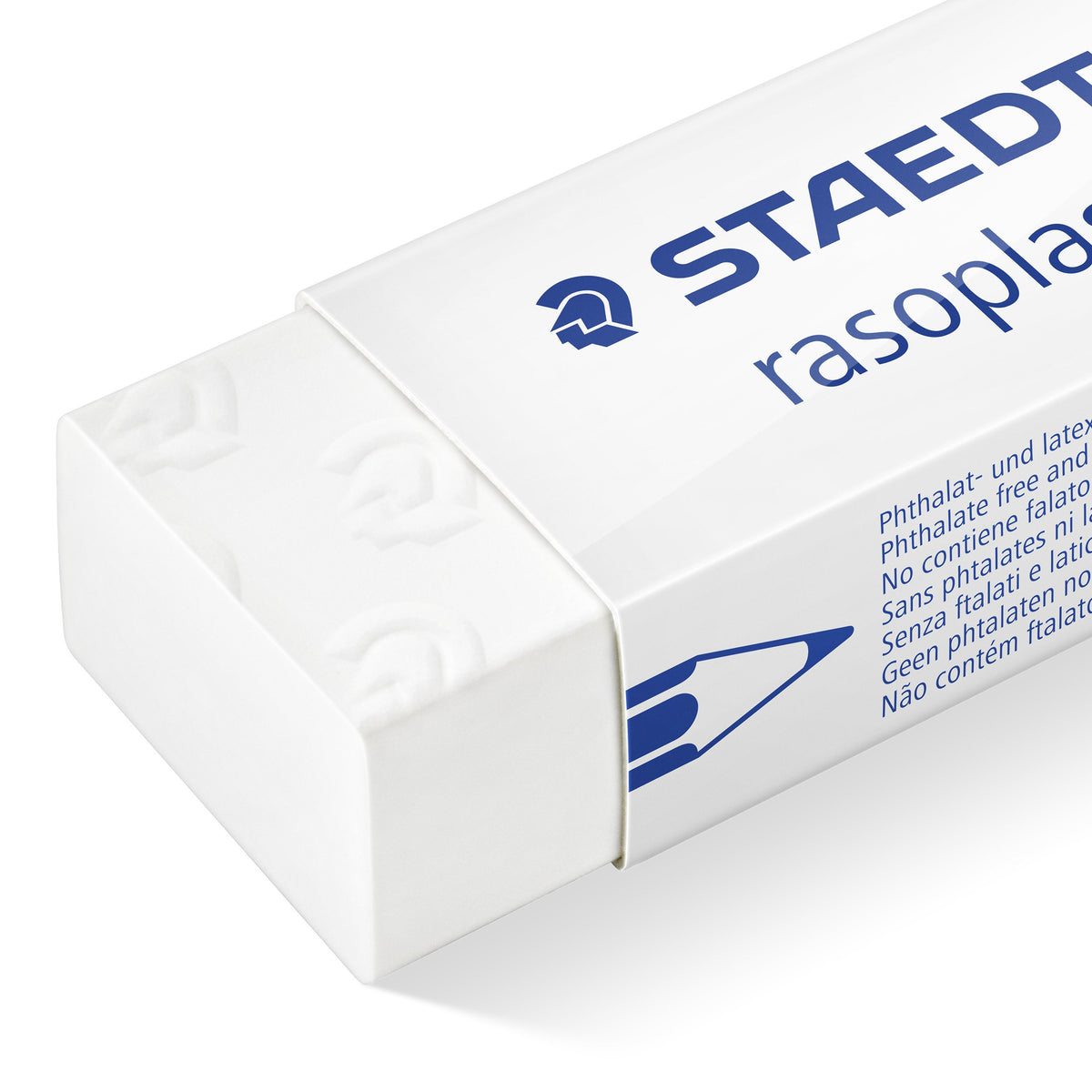 Detail of a rasoplast eraser sleeve with multilingual phthalate and latex free text beside the exposed white eraser end