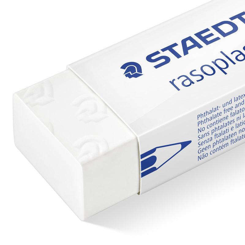 Detail of a rasoplast eraser sleeve with multilingual phthalate and latex free text beside the exposed white eraser end