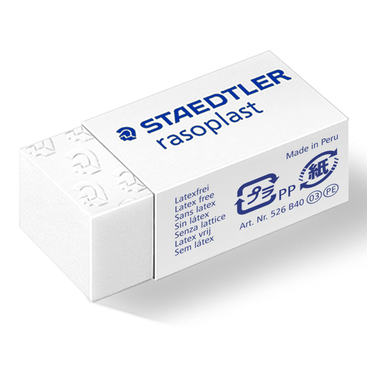 Staedtler rasoplast 526 B40 small white eraser in its blue and white sliding sleeve, printed STAEDTLER rasoplast and Art. Nr. 526 B40