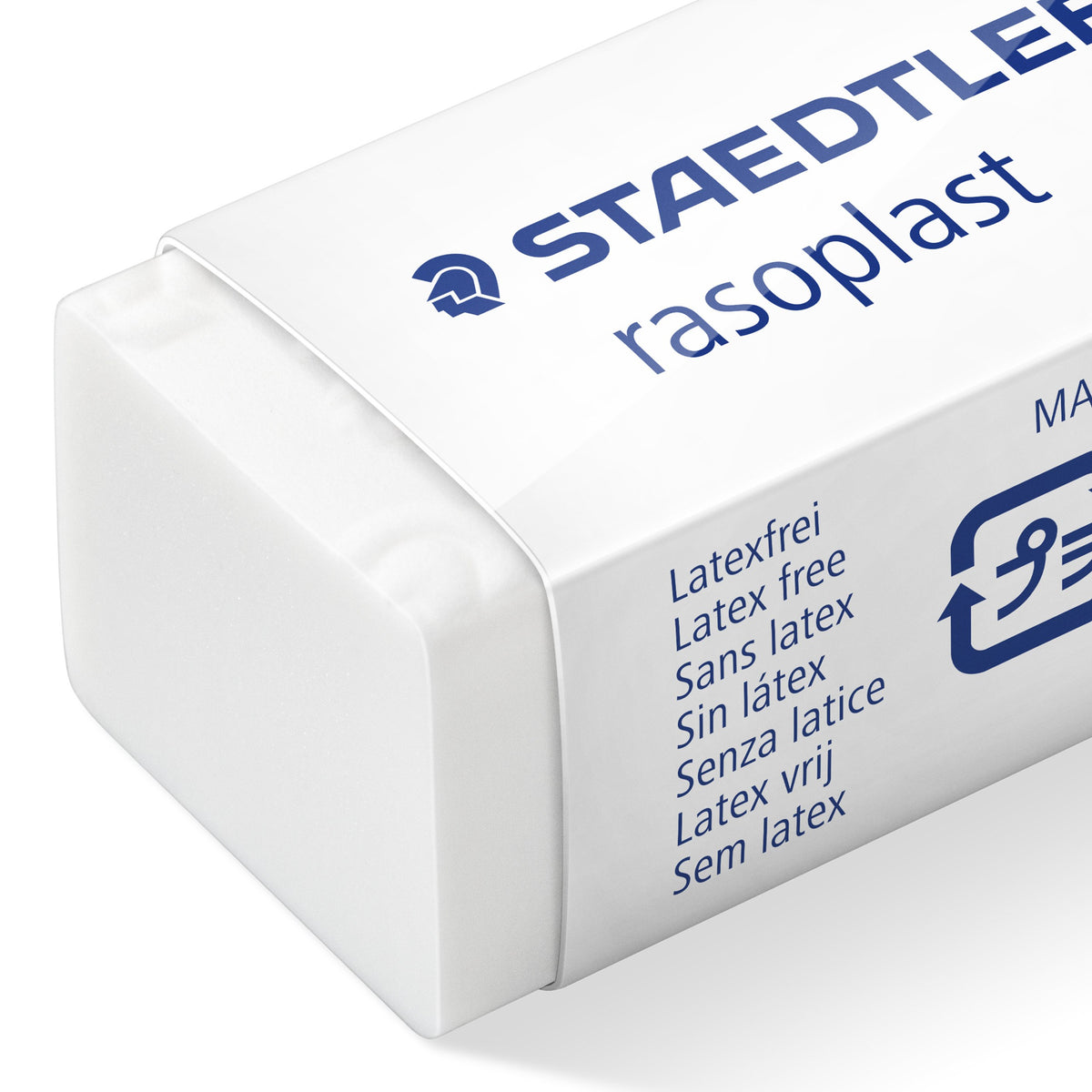 Close view of the rasoplast sleeve end with the embossed white eraser and multilingual latex free wording printed in blue