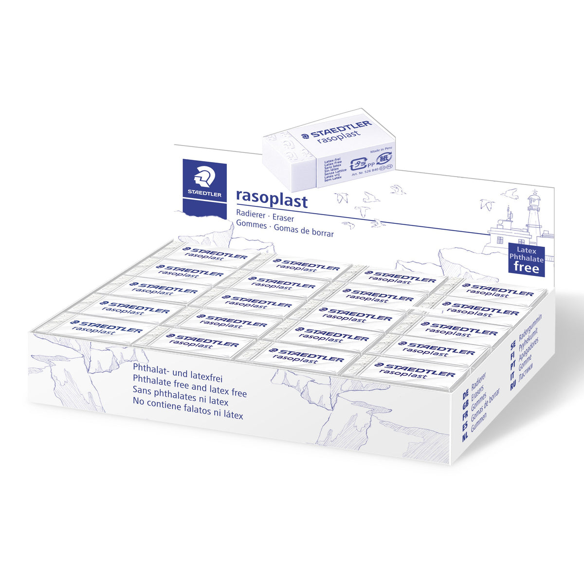Staedtler display box holding rows of rasoplast erasers with one eraser propped on the lid; this listing is a single eraser